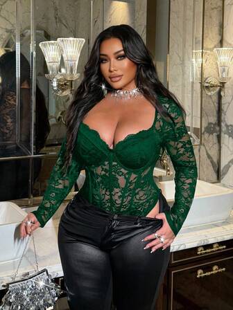 NU&NOW Plusstorlek spetsbody för kvinnor, elegant, åtsittande långärmad body, året runt