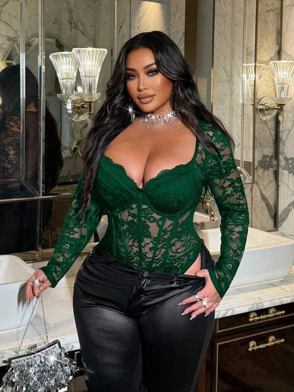 NU&NOW Plus Size Women Lace Bodysuit, Elegant Fitted Long Sleeve Bodysuit, All Season