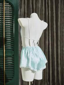 性感V领蕾丝拼接A字短裤，蓝色露背侧系蝴蝶结连体睡衣 - 藍色 - 查看 8