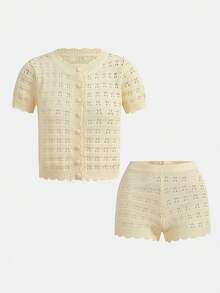 Franclia Vacation Style Casual Hollow-Out Knit Top And Shorts Set - Yellow - View 1