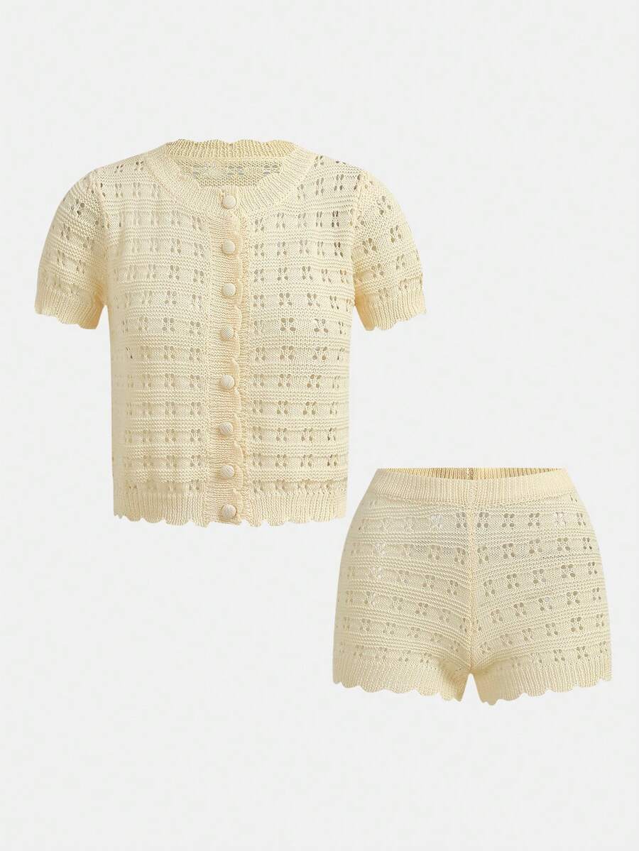 Franclia Vacation Style Casual Hollow-Out Knit Top And Shorts Set - Yellow - View 1