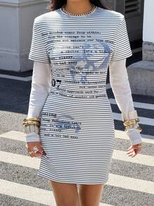 Muchica Women's New 2 In 1 Round Neck Striped Letter Print Mini Dress ,Casual Wear For Back To School ,Going Out, Streetwear, Y2K Clothes, Spring/Summer - Multicolor - View 6