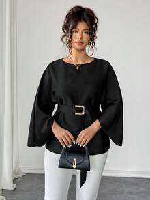 Elenzga Plus Size Women's Elegant French Style Round Neck Flowy Sleeve Self-Tie Waist Shiny Blouse, Spring/Summer/Autumn - Black - View 4