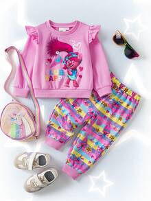 SHEIN Trolls Baby Girl Casual Cartoon Pattern Ruffle Trim Sweatshirt And Pants Set, Autumn - وردي - مشاهدة 1