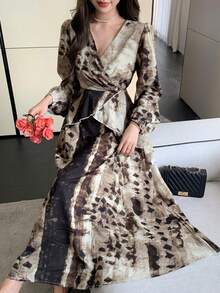 DAZY Women's Tie-Dye Overlap V-Neck Lantern Sleeve Elegant Mid-Length Dress - Multicolor - View 7