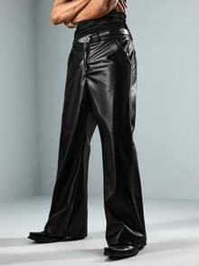 ROMWE MEN Essentials 男士纯色PU皮革口袋阔腿裤 - 黑色 - 查看 7