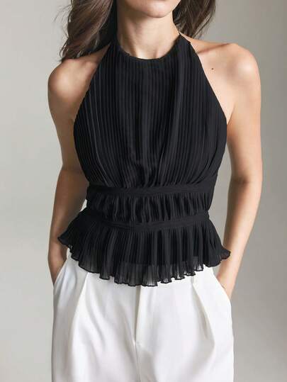 Ontre 2026 Women's Pleated Halter Neck Blouse, Elegant Vacation Bohemian Style Summer Top, Versatile For Casual, Business, Beach Wear Peplum Tops Black Summer Top Pleated Top Peplum Top Women Elegant Tops Beach Clothing, All Season  Ins Celebrity Same Style Vacation Style, Exotic Atmosphere, Country Concert, Western Style Clothing, High-Grade Fabric, Comfortable And Breathable Bohemian Style Vacation Wear