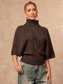 Lumalex 高领短袖收腰蝙蝠袖斗篷纹理女式毛衣 - 咖啡棕 - 查看 4
