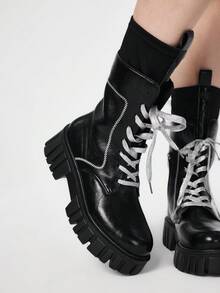 ROMWE Grunge Punk Versátil y de moda, con suela gruesa y cordones, de manga corta - Negro - Ver 2