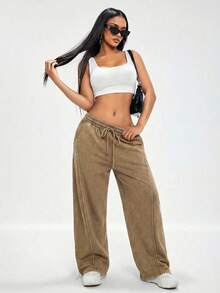 Radiana 复古做旧棕色水洗休闲宽松低腰阔腿裤，百搭街头风 - 棕色 - 查看 4