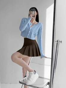 SHEIN Unity 女士休闲百搭纯色百褶迷你裙，夏季 - 棕色 - 查看 4
