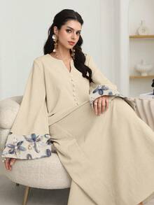 Al Najma 女士杏色长袖花卉网纱优雅阿拉伯连衣裙，秋冬款 - 杏色 - 查看 4