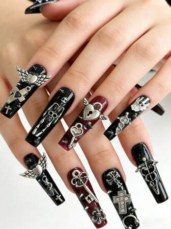 Grunge Punk 10 almohadillas de uñas falsas de alta calidad con elementos de corazón en forma de estrella de calavera de estilo gótico rojo y negro + 3 cintas adhesivas de doble cara, pegatinas de estilo punk Y2K con diamantes desmontables súper largos en forma de trapezoidal, adecuadas para fiestas, bailes y uso diario.
