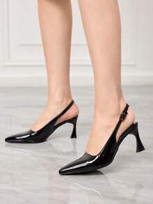 Sleekvia 女士尖头高跟鞋，黑色豹纹搭扣露跟高跟鞋，简约通勤日常办公鞋 - 黑色 - 查看 4