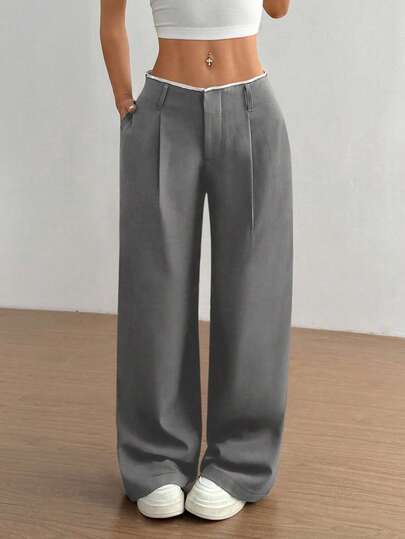 TRNVIE Pantaloni dritti da donna versatili per uso quotidiano e da ufficio, con vita alta e design a patchwork, pantaloni a matita grigi dal look elegante e snellente