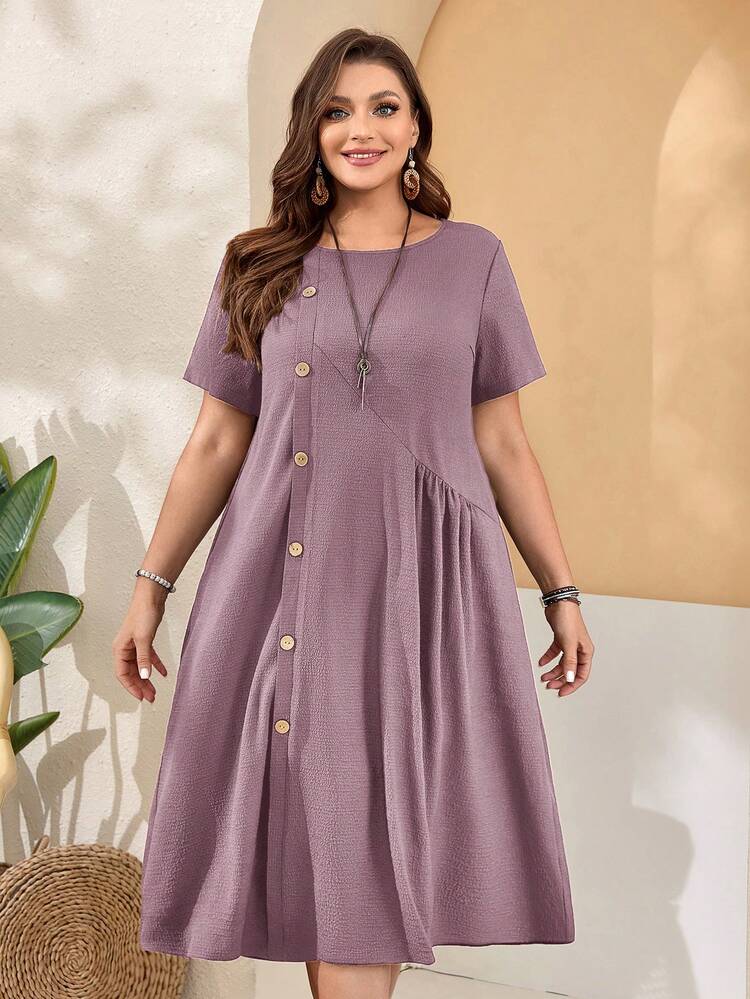Plus Size Women'S Loose Fit Buttoned Short Sleeves Round Neck Pocket Green Dress With Side Slits For Spring Vacation Outfits Women Holiday Outfits For Women Beach Vacation Outfits For Women Summer Dresses  Spring Break Outfits Plus Size Dress With Pockets Plus Casual Dress Bohemian