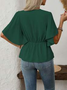 SHEIN Clasi 女士优雅V领纽扣装饰喇叭袖收腰A字衬衫，纯色，适合通勤、休闲、度假、春夏穿着 - 墨綠色 - 查看 2