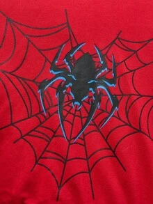 SHEIN Bộ đồ 2 món phong cách đường phố cá tính dành cho bé trai, gồm áo sweatshirt đỏ in hình nhện và quần jeans skinny đen rách co giãn cao cấp, thích hợp cho mùa thu/đông. - Rửa trung bình - Xem 3