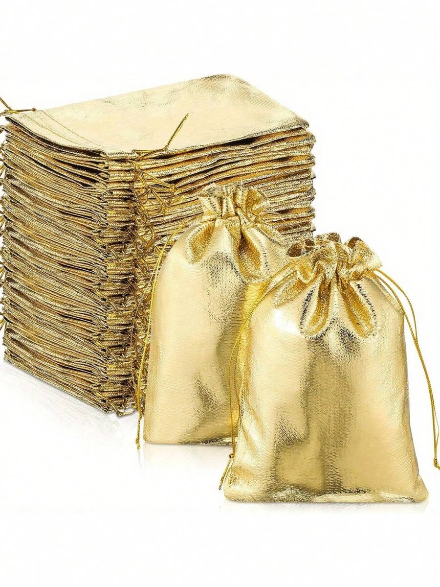 50/100Pcs Gold Gift Bags Jewelry Pouches Gold Goodie Bags With Drawstring Metallic Gold Jewelry Pouches Gold Candy Gift Bags For Wedding Birthday Treat Candy Bags - Multicolor - View 1