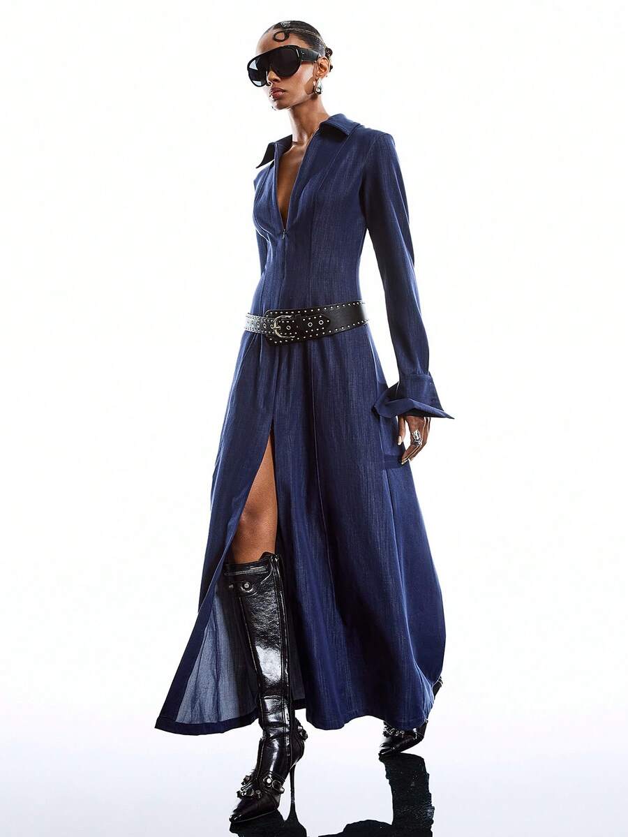 LYSMO 女士纯色拉链收腰长款派对连衣裙 - 藏蓝色 - 查看 1