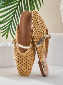 SHUZIA Ladies Elegant Crochet Woven PU Slip-On Mules - Beige - View 1