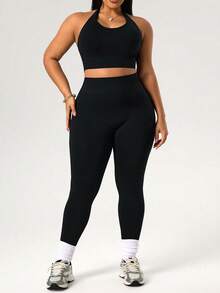 Rhythm Era 女士加大码无缝运动套装，黑色露背背心和七分紧身裤，适合瑜伽、健身和户外活动。 - 黑色 - 查看 8