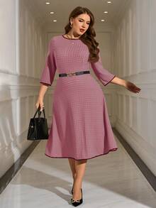 EMERY ROSE Đầm công sở thanh lịch in họa tiết kẻ caro phối màu dành cho nữ cỡ lớn, thích hợp cho mùa Thu/Đông. - Màu Đỏ Sâu - Xem 6