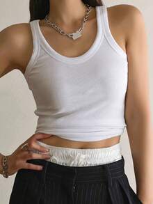 DAZY Top de punto acanalado de un solo color, estilo Y2K