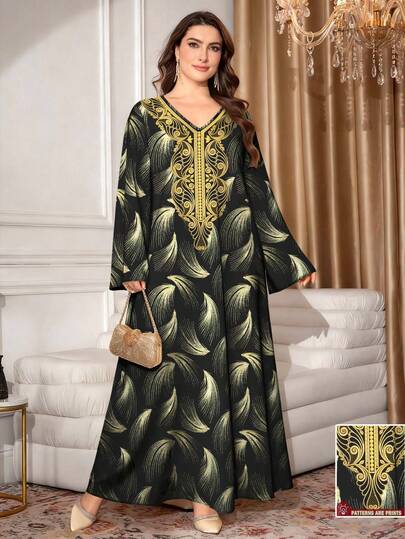 SHEIN Najma Plus Size Women's Elegant V-Neck Long Sleeve Arabic Style Dress, Black Base With Gold Feather Texture Glitter Print, Spring