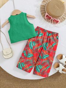 Travachic KIDS Baby Girl Summer Cute Vacation Knit Green Camisole Floral Pattern Pants Set - Multicolor - View 2