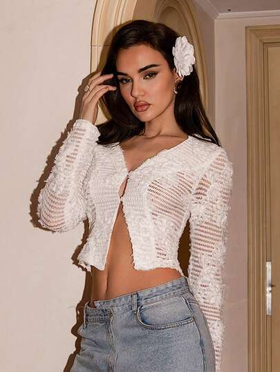 SHEIN Glamour Elegant Boho Style Crochet Jacquard V-Neck Fitted Long Sleeve Hollow Sheer Minimalist Women Jacket, Suitable For Vacation, Date, Outdoor Wear