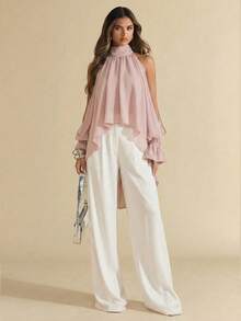 SHEIN BAE Áo cánh dài tay hở lưng thanh lịch, áo sơ mi voan bất đối xứng buộc eo, thích hợp cho tiệc tùng, đám cưới, khách, mùa xuân, mùa hè, mùa thu - Bụi hồng - Xem 3