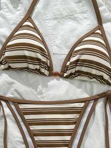 Swim Mod Women's Short Halter Neck Bikini With Tie Side Bottoms Striped Fabric Swimwear Lace Up Details - Multicolor - View 5