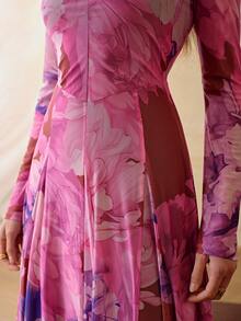 ZEYLAH Đầm dài tay dáng chữ A ôm sát người, in họa tiết hoa thanh lịch, thích hợp cho mùa xuân/hè. - Màu tím - Xem 2