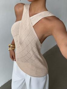 Selianne Elegant Casual Loose Comfortable Apricot Criss-Cross Diamond Pattern Knit Pullover Sweater, Spring/Summer - Apricot - View 7