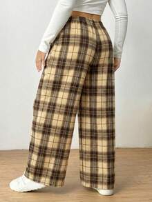 SHEIN EZwear 加大码女式黑白格子弹力腰带口袋阔腿休闲宽松裤，卡其色 - 卡其色 - 查看 2