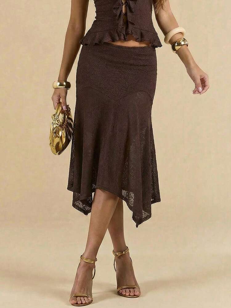 SHEIN BAE تنورة نسائية بخصر منخفض ذات حافة غير متماثلة مزخرفة بزهرة الكاجو النسيجية البنية، تنورة دانتيل، تنورة طويلة بنية، للربيع/الصيف - بني - مشاهدة 3