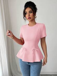 Elenzga Women's Casual Elegant Solid Color Round Neck Waist Cinched A-Line Bowknot Decor Back Zipper Short Sleeve Blouse, Spring/Summer - Pink - View 7