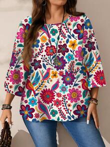 EMERY ROSE Áo kiểu nữ cỡ lớn in hoa, dáng rộng, cổ tròn, tay lỡ 3/4, kiểu dáng thường ngày. - Nhiều màu - Xem 5