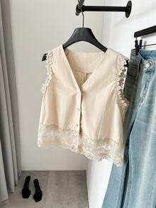 Serisse Áo vest nữ 100% cotton màu trơn phối ren, kiểu dáng Pháp mùa hè, cổ chữ V, chất liệu 100% cotton, viền ren, chất liệu lưới rỗng, thoáng mát và ngọt ngào, thích hợp cho đi làm và mặc thường ngày, tối giản, đa năng cho công sở hoặc dự tiệc, áo ren, mùa hè, áo mùa hè, ngày Valentine, trang phục lễ hội cho nữ, đi biển, áo đi chơi, áo kiểu nữ thanh lịch, áo kiểu thường ngày cho nữ - Màu be - Xem 11
