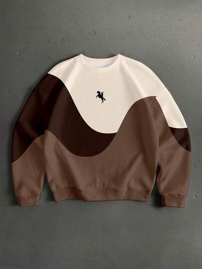 StoneGrade Merrald Color Block Wave Pattern Crew Neck Sweatshirt,All Shades Of Brown,Autumn,Streetwear,City Break,Back-To-School Casual Loose Fit Cropped Gift