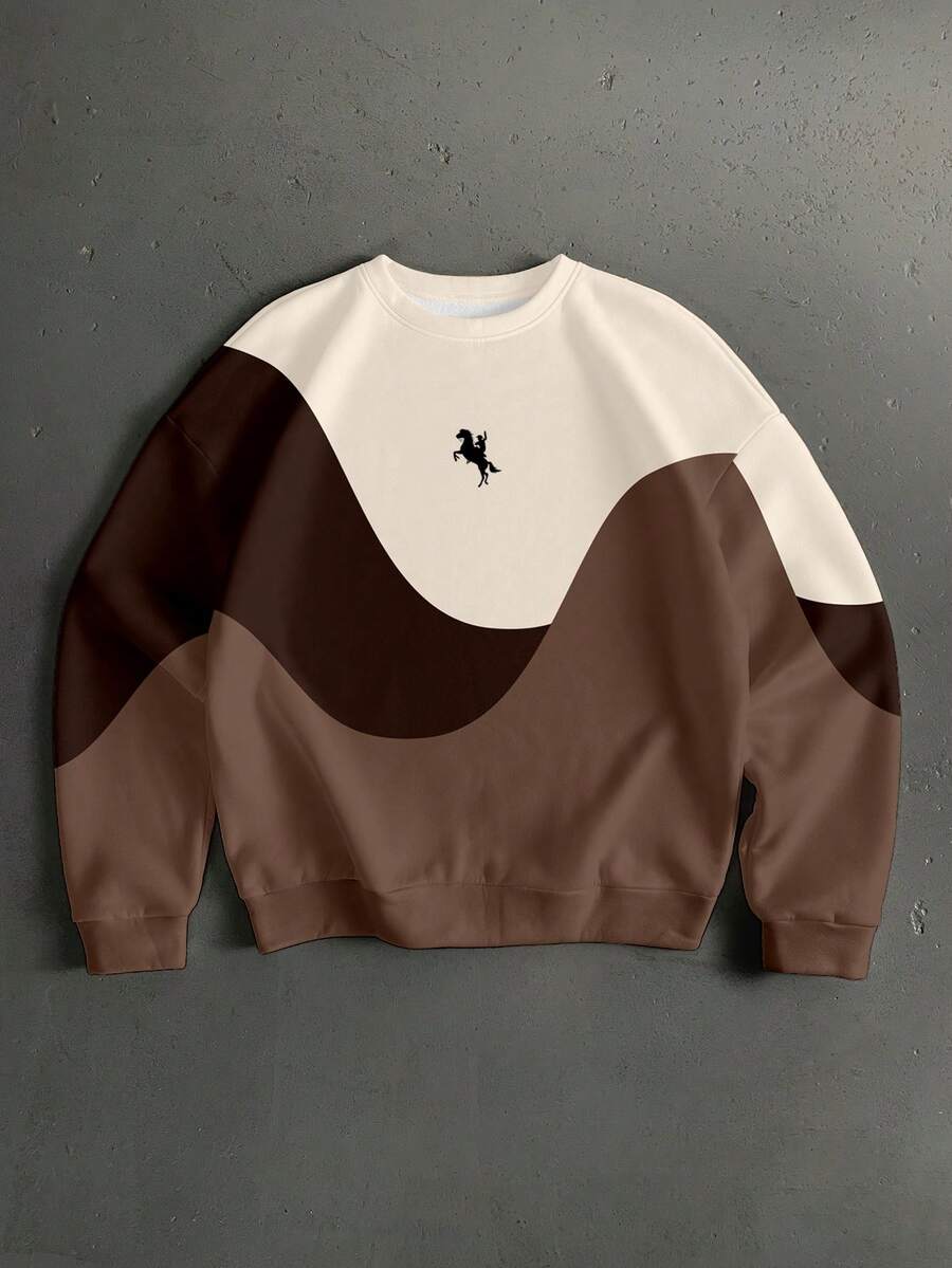 Manfinity Roghcode Áo sweatshirt cổ tròn dáng rộng, in họa tiết sóng phối màu Merrald, thích hợp cho các buổi hẹn hò và tụ họp, cũng là món quà tuyệt vời dành cho bạn trai. - màu nâu - Xem 1