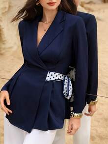 Modelyn Women's Spring/Summer Navy Blue Woven Herringbone Padded Shoulder Cinched Waist Long Sleeve Polka Dot Scarf Tie A-Line Elegant Blazer - Blue - View 6