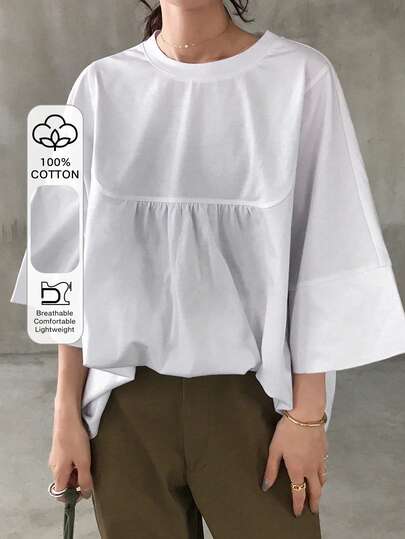 FRIFUL Women's Round Neck Loose Fit Pleated Front Solid Color Cotton T-Shirt