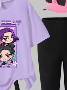 2件套KPOP印花上衣，少女圆领卫衣和打底裤套装，时尚休闲，适合秋冬季节 - 彩色 - 查看 5