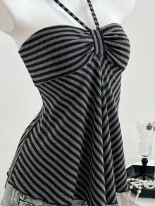 Elamini Women's Gray Striped Casual Sleeveless Halter Top, Versatile New Style, Spring/Autumn - Grey - View 5