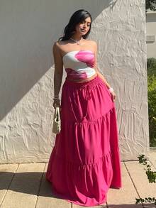 Sunnyshic Set de 2 piezas con top tubo y falda maxi con estampado floral rosa de moda para verano, conjunto de playa - Rosa - Ver 5