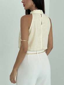 Aloruh Elegant Off-White Wrap-Neck Top,Asymmetrical Ruffle Trim Sleeveless Summer Tops For Women,Effortless Chic Casual Top For Brunch&Vacations - Apricot - View 3