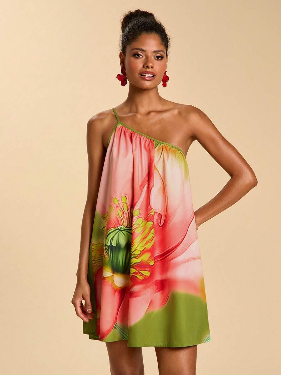 Travachic Women's Floral Print Loose Fit Sleeveless Mini Dress, Vacation Style - Green - View 1