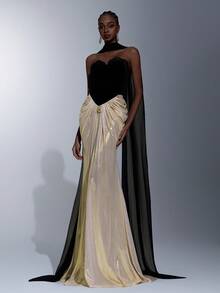 Elitara Elegant, Luxurious, Fashionable, Sexy Black And White Contrast, Velvet Fabric, Coated Fabric, Strapless, Waist Metal Decor Buckle, Fishtail Skirt, Trailing, (Detachable Halter Flounce) Suitable For Vacation, Wedding, Bachelorette Party, Formal Ball Gown, Formal Dinner Dress - Black and White - View 4